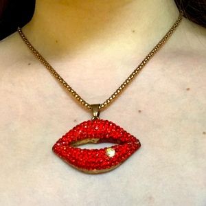 Betsey Johnson vintage red lip gold necklace